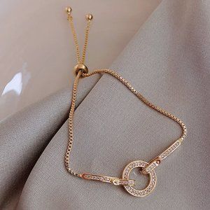 NEW Gold Circle Round Diamond Link Bar Adjustable Bracelet